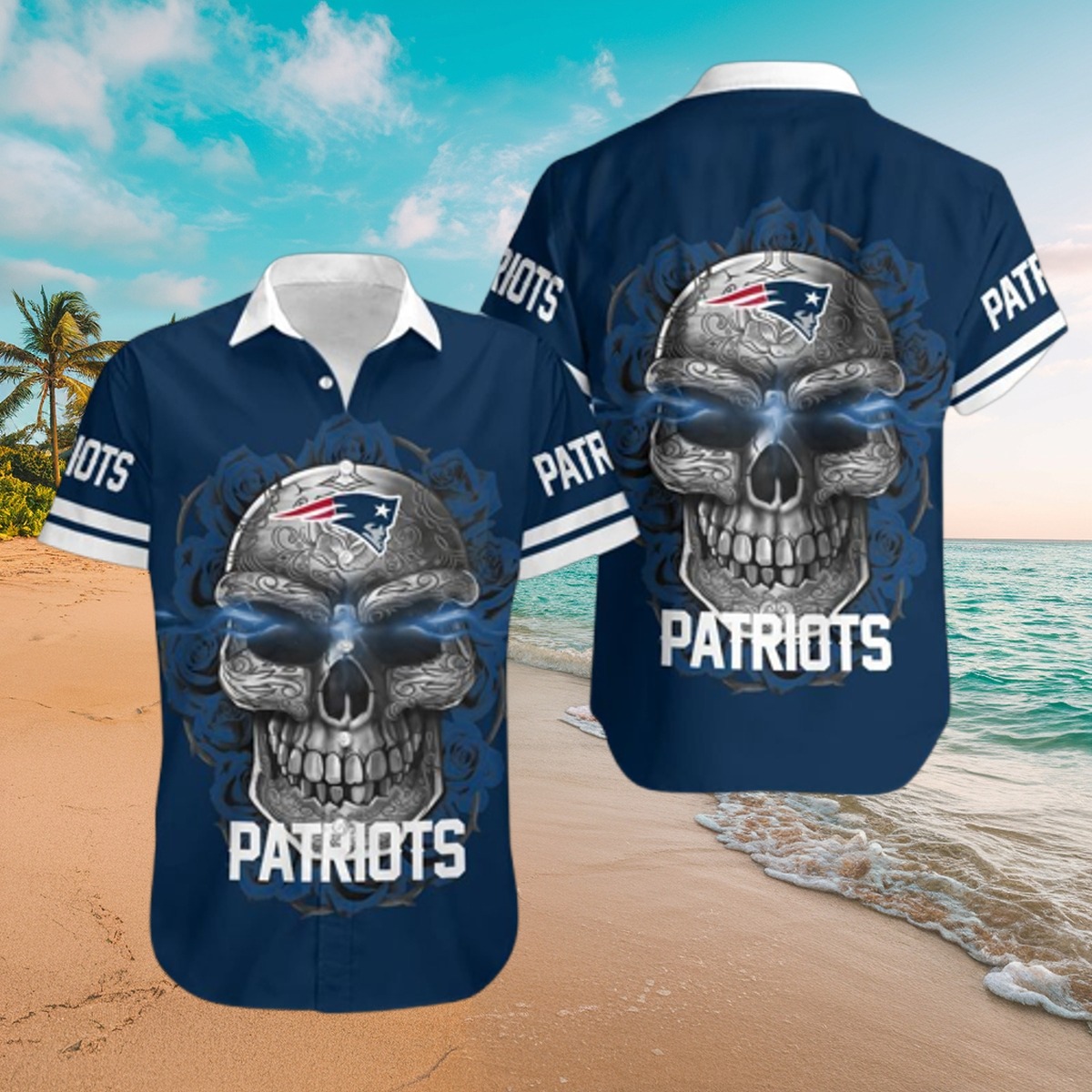 Men s New England Patriots Skull Graphic Hawaiian Button-Down Shirt with Blue Roses and Glowing Eyes