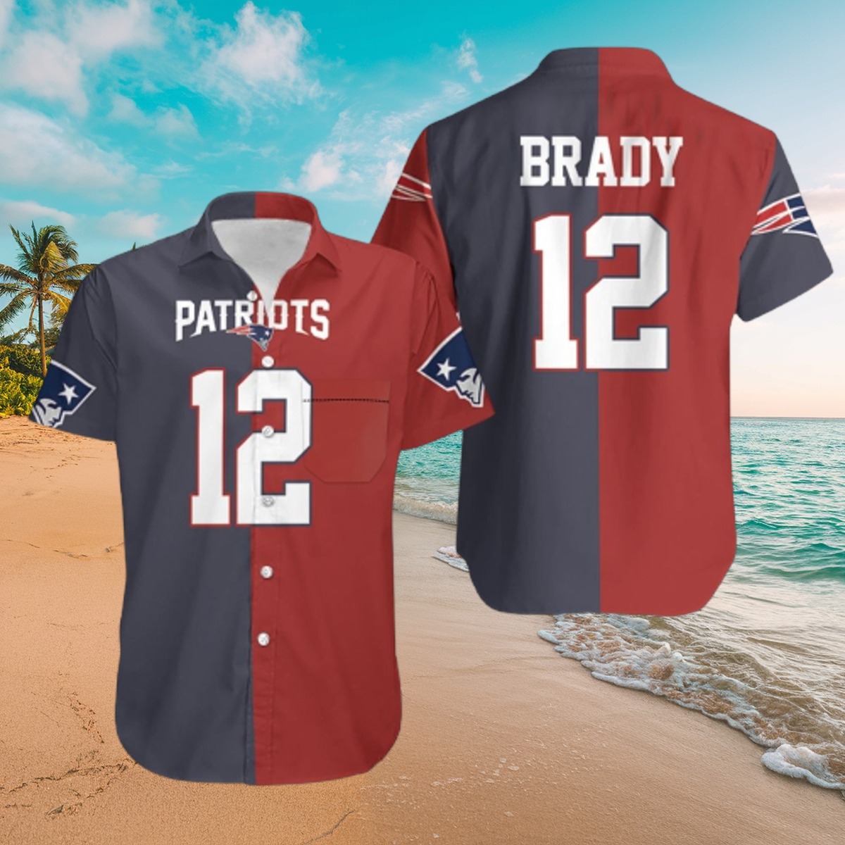 Men s New England Patriots Tom Brady 12 Two-Tone Red Navy Hawaiian Button Down Shirt