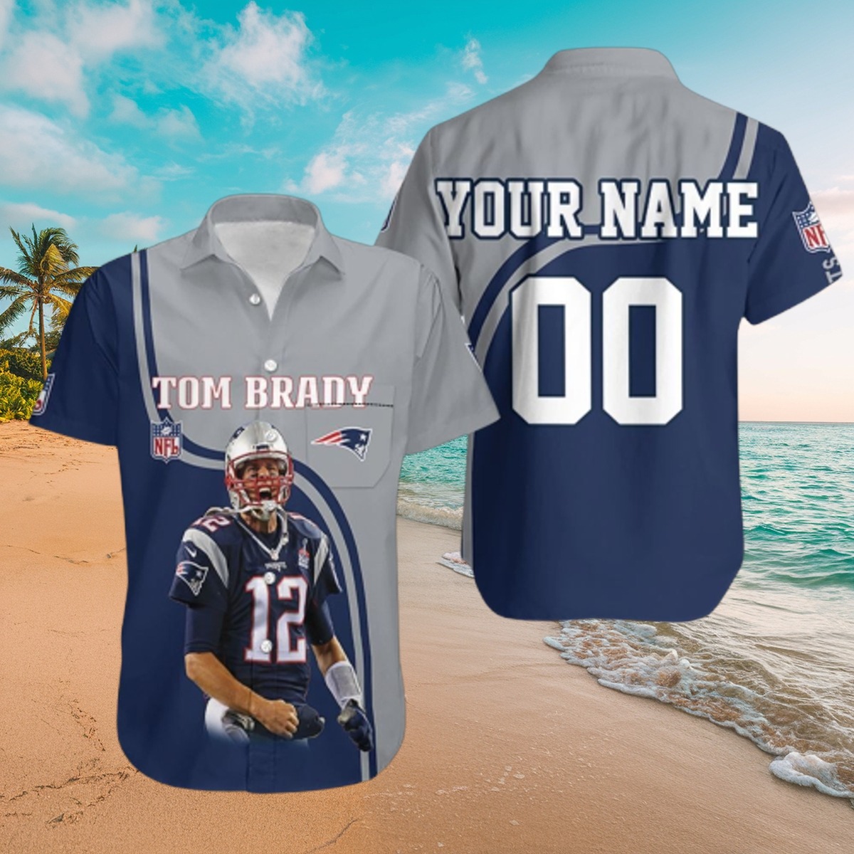 Men s New England Patriots Tom Brady Graphic Hawaiian Button-Down Shirt - Customizable Name Number