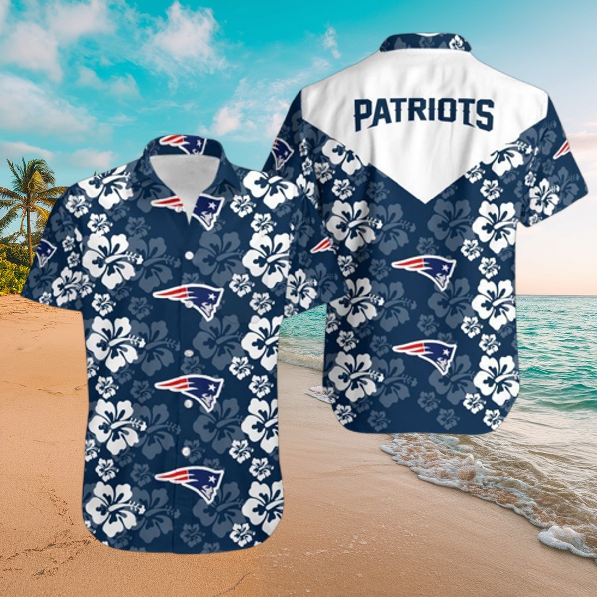 Men s New England Patriots Tropical Hawaiian Button-Down Shirt with Floral Print Team Logo