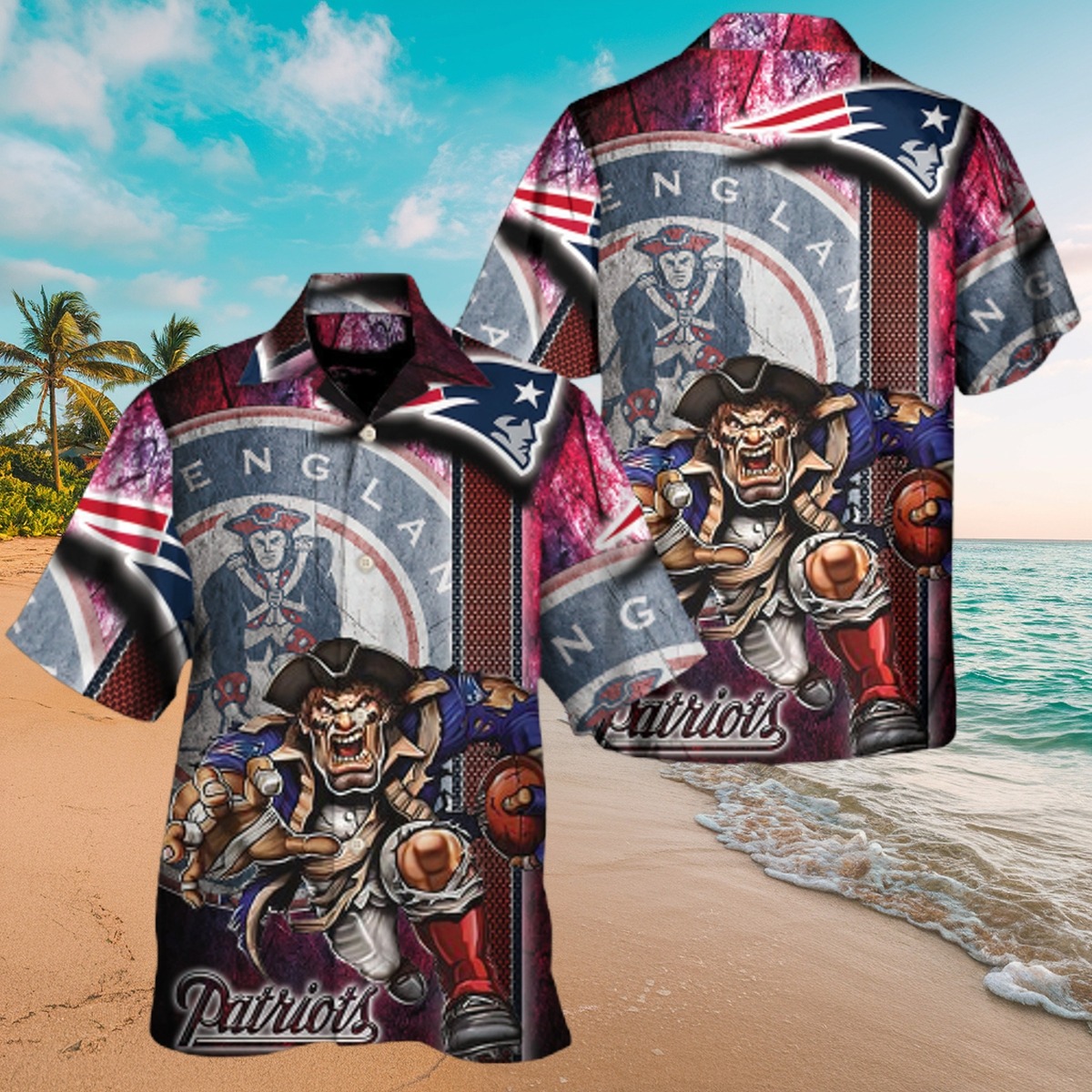 Men s New England Patriots Tropical Hawaiian Shirt - Pat Patriot Game Day All-Over Print Button-Down