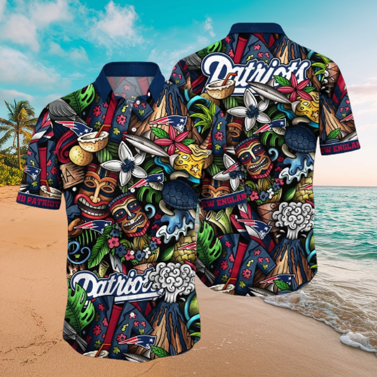 Men s New England Patriots Tropical Hawaiian Shirt with Tiki Masks and Team Logos - Casual Summer Button-Down