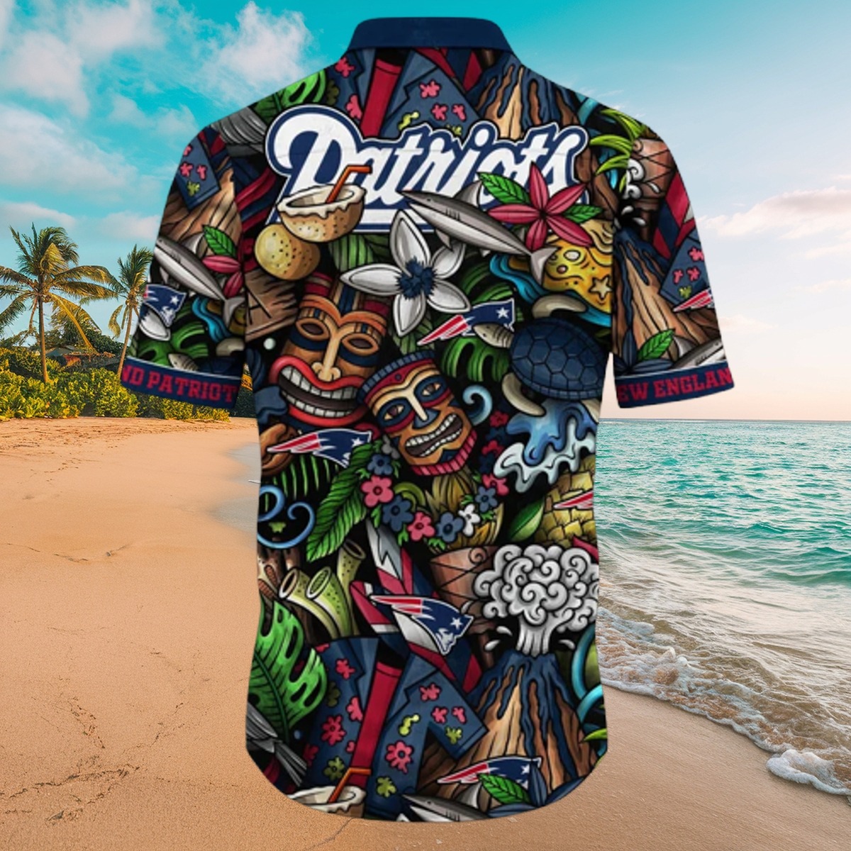 Men s New England Patriots Tropical Hawaiian Shirt with Tiki Masks and Team Logos - Casual Summer Button-Down