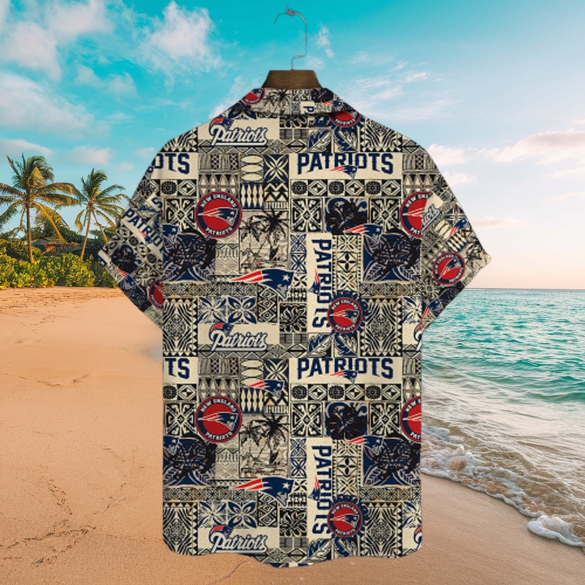 Men s New England Patriots Tropical Hawaiian Shirt with Tribal Pattern, Palm Trees, and Logo Print - Casual Button-Down