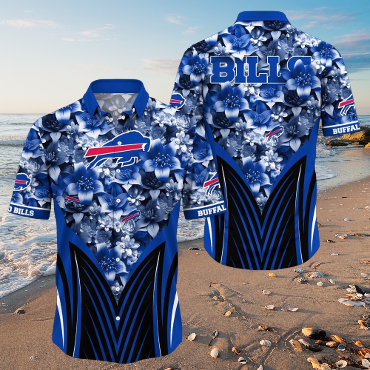 Men s NFL Buffalo Bills Hawaiian Shirt Tropical Blue Floral Print Aloha Button-Down