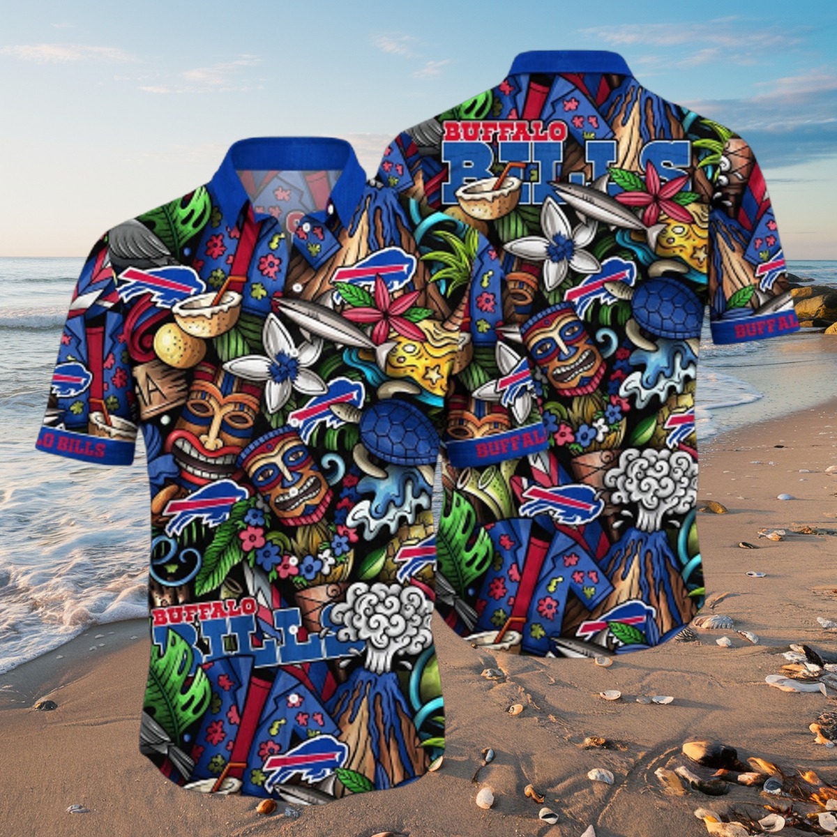 Men s NFL Buffalo Bills Hawaiian Shirt Tropical Tiki Flower Volcano All-Over Print Button-Down