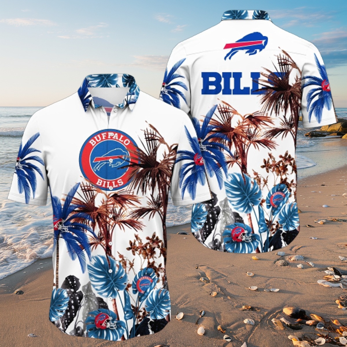 Men s NFL Buffalo Bills Hawaiian Shirt with Tropical Palm Tree Print - Summer Button-Down Aloha Shirt