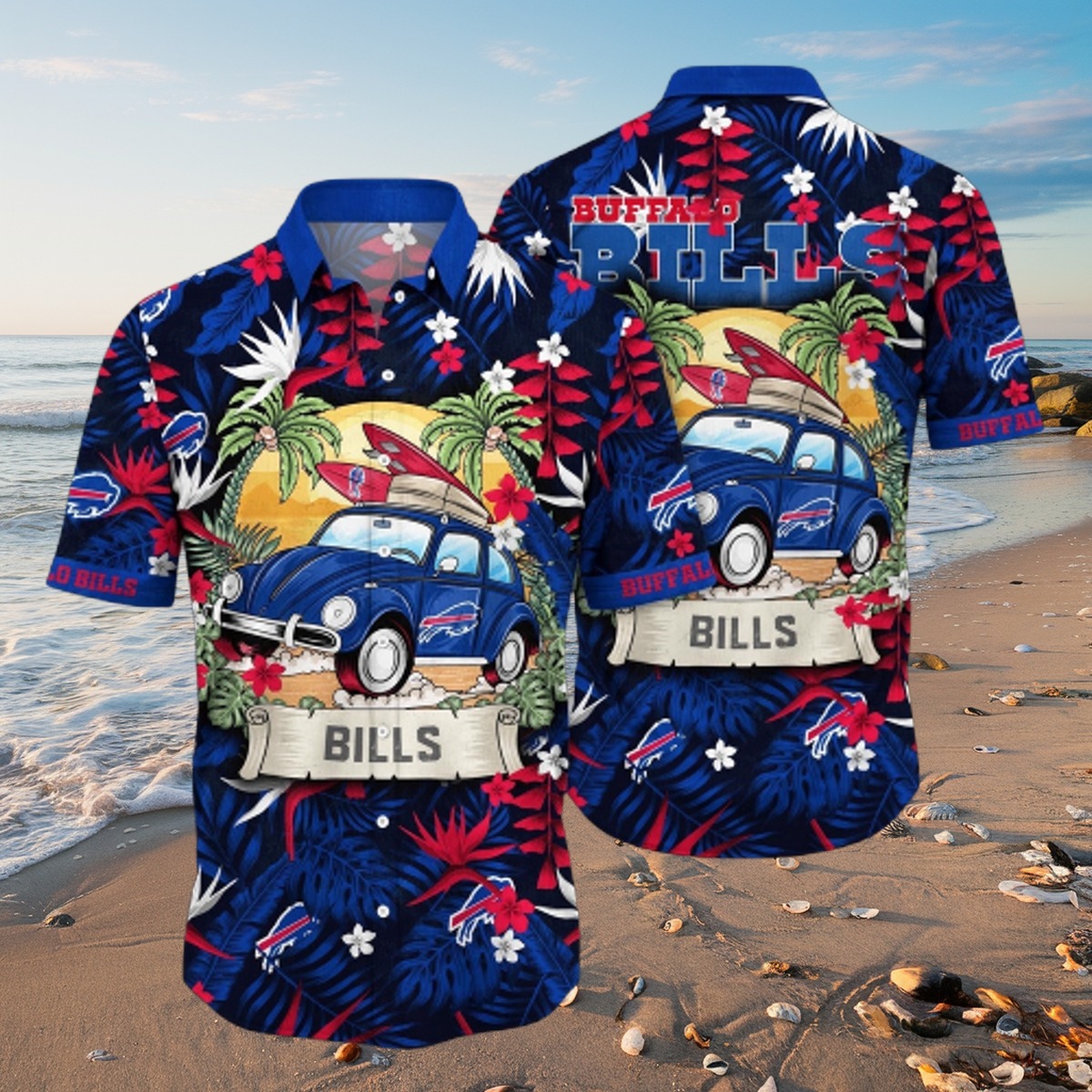 Men s NFL Buffalo Bills Hawaiian Shirt with Vintage Car, Surfboards Tropical Palm Tree Pattern - Aloha Button Down Summer Casual