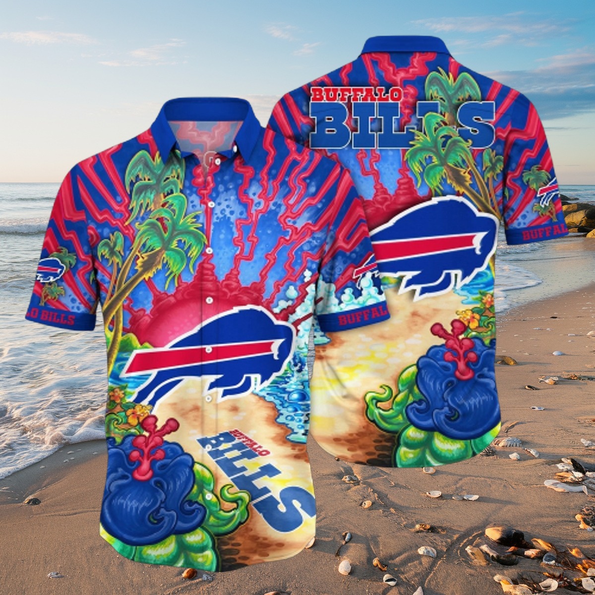 Men s NFL Buffalo Bills Tropical Hawaiian Shirt with Team Logo Beach Print Button-Down