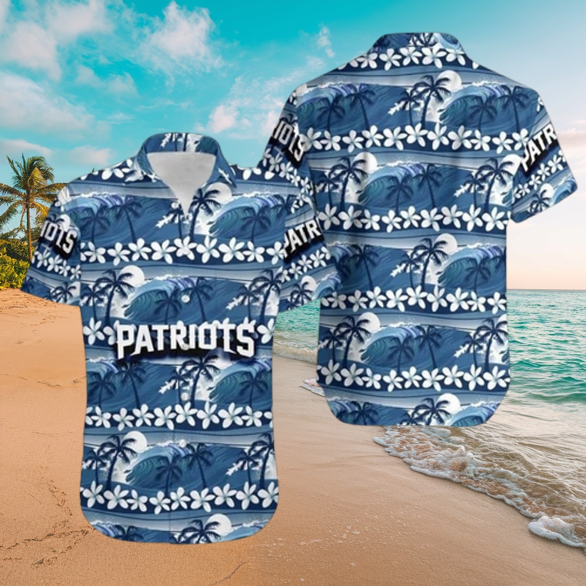 Men s Patriots Hawaiian Shirt Tropical Palm Tree Wave Print Summer Beach Button-Down