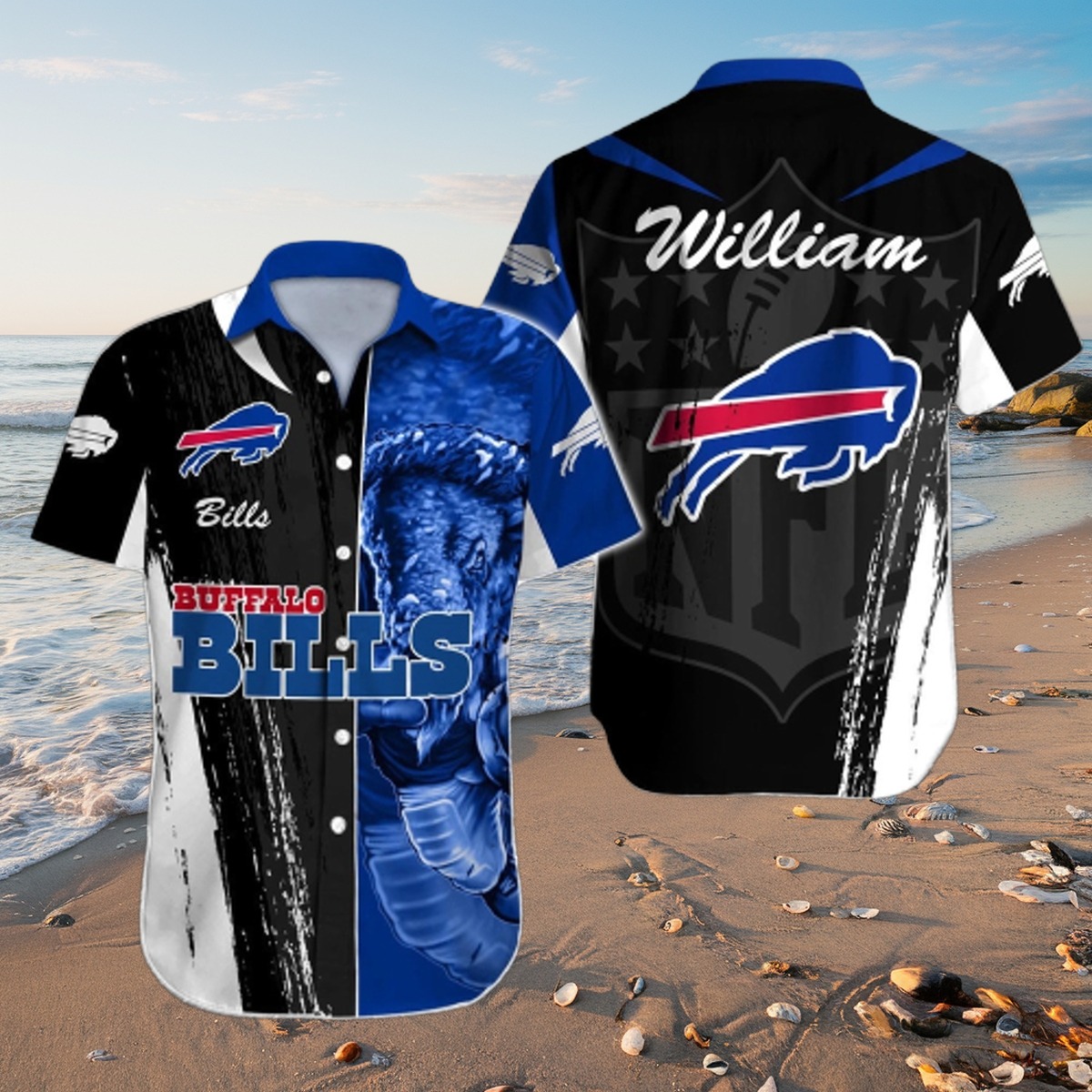 Men s Personalized Buffalo Bills Hawaiian Shirt with Mascot Graphic - NFL Fan Aloha Button-Down