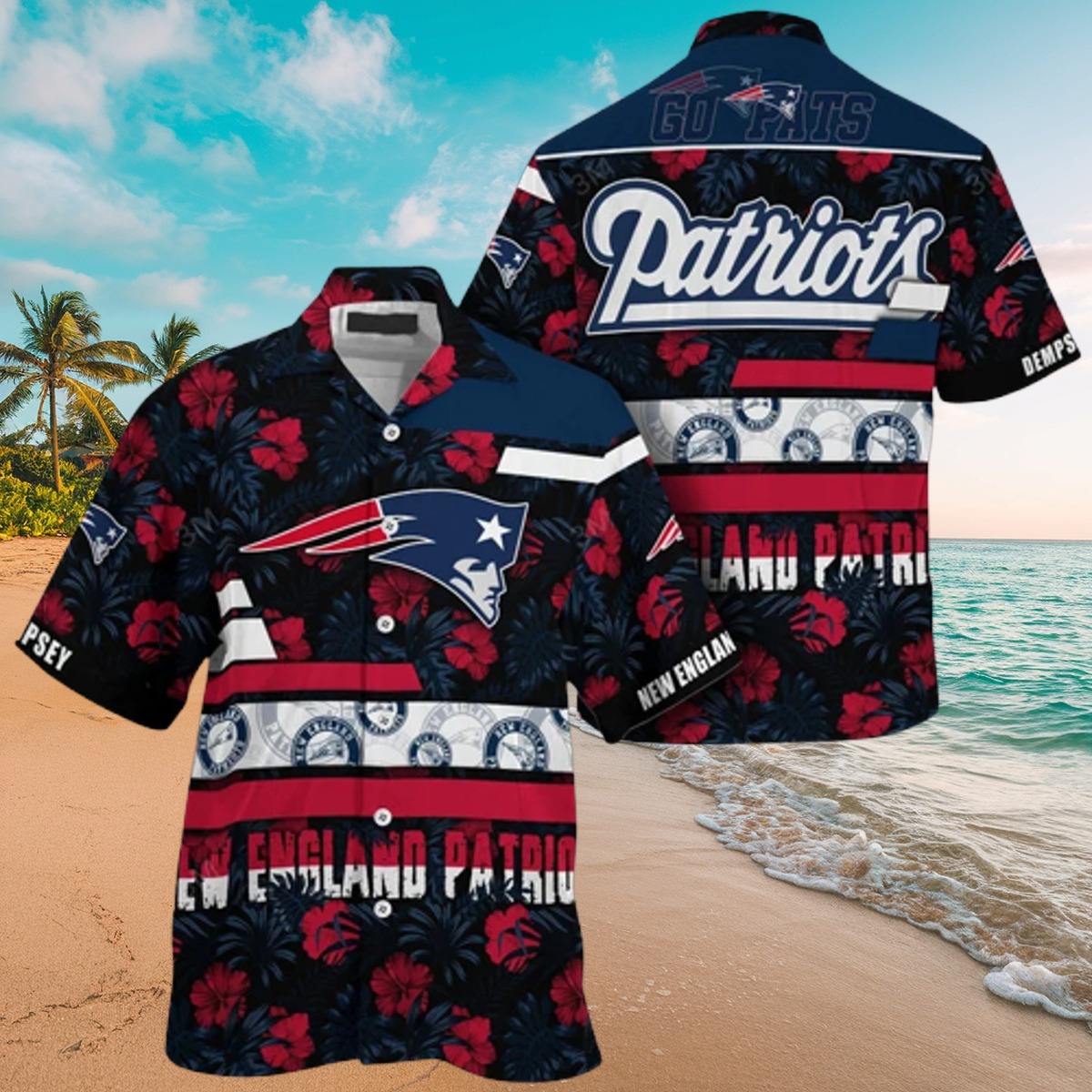 Men s Personalized New England Patriots NFL Hawaiian Shirt - Black Tropical Floral Print with Team Logo, Stripes, and Custom Name