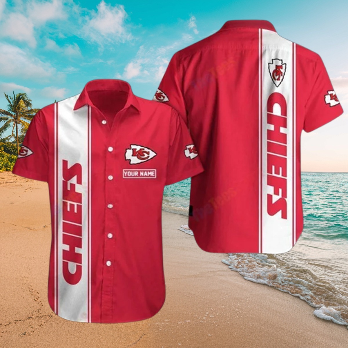 Men s Red and White Chiefs Hawaiian Shirt - Vertical Stripe Team Logo Button-Down with Customizable Name