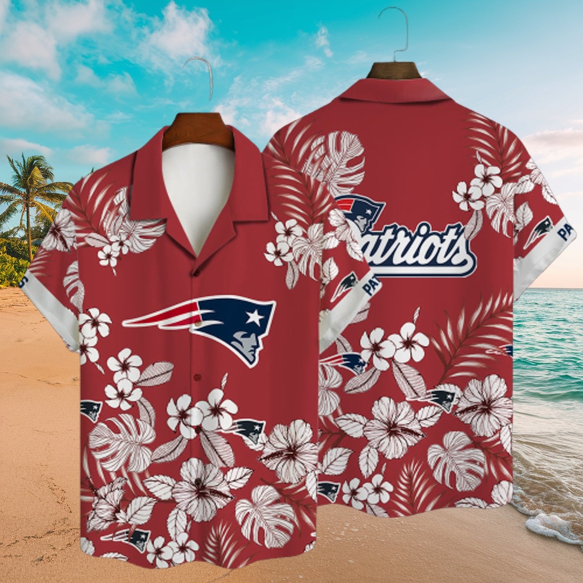 Men s Red New England Patriots Aloha Shirt with Tropical Floral Print