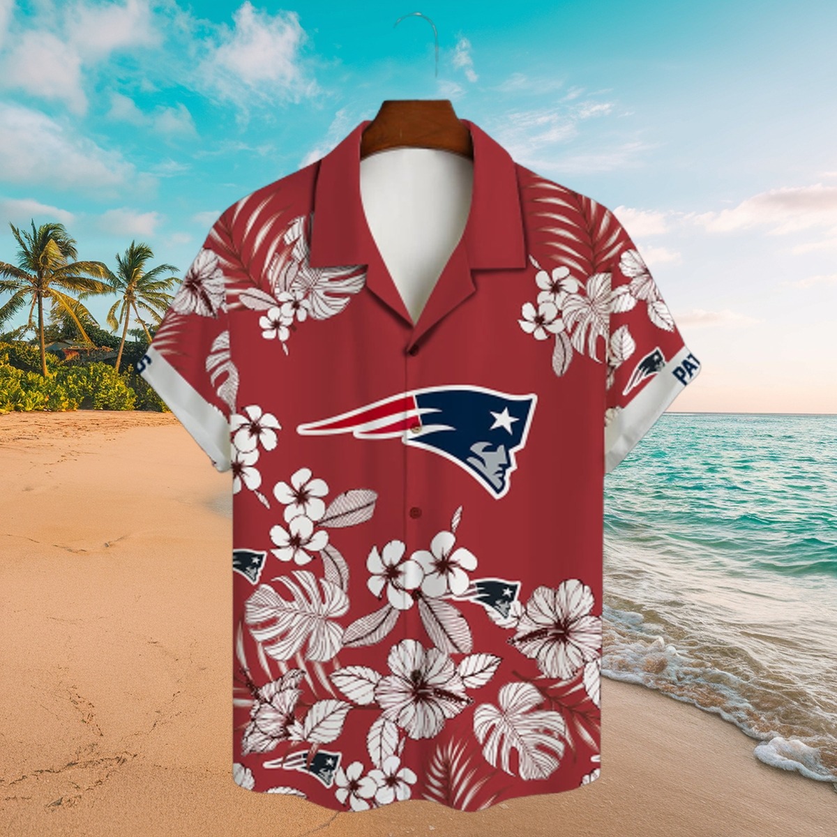Men s Red New England Patriots Aloha Shirt with Tropical Floral Print
