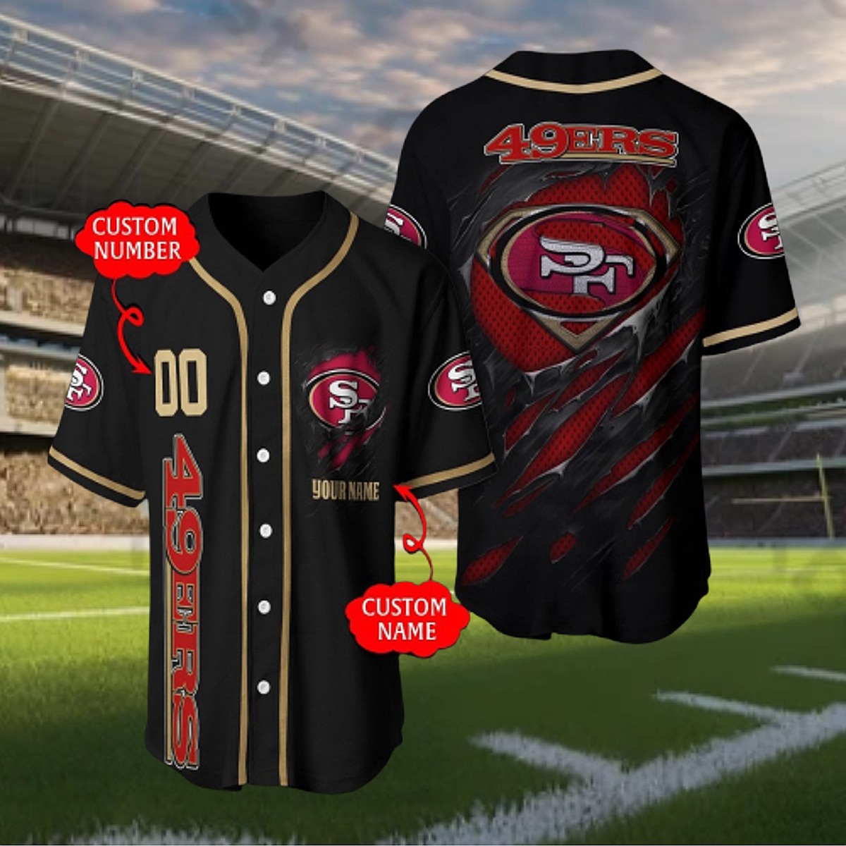 Men s San Francisco 49ers Custom Baseball Jersey - Black Distressed Rip Design Button-Down Fan Shirt with Name Number