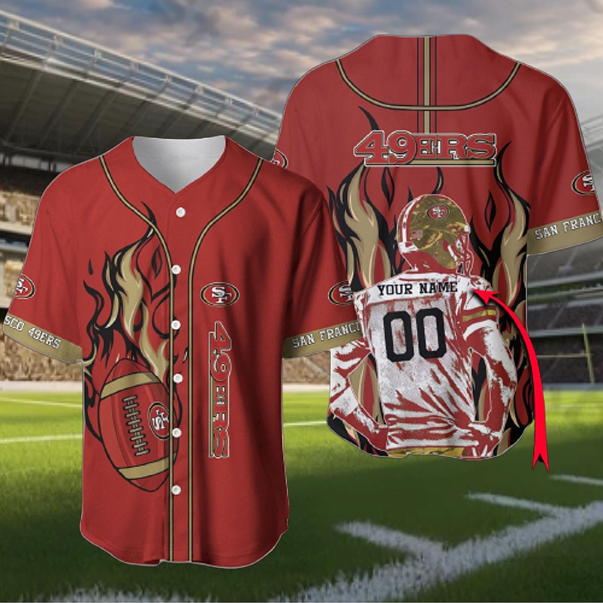 Men s San Francisco 49ers Custom Baseball Jersey Shirt - Flaming Football Player Graphic