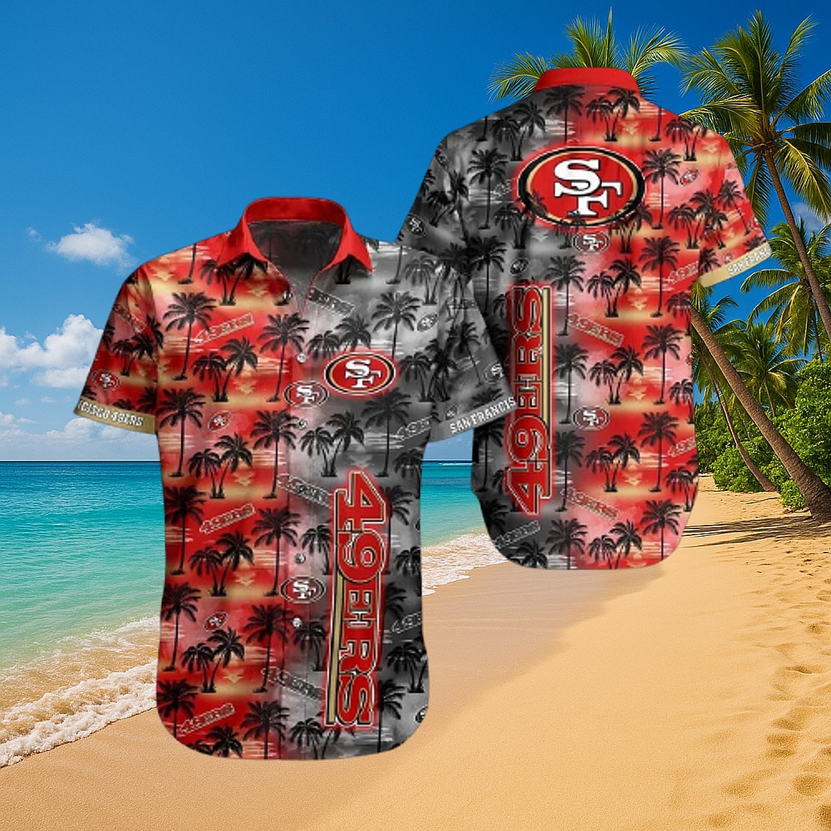 Men s San Francisco 49ers Hawaiian Shirt - Casual Split Red Black Tropical Palm Tree Print Button-Down