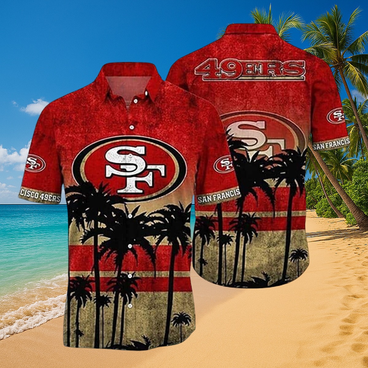 Men s San Francisco 49ers Hawaiian Shirt - Distressed Red Gold Palm Tree Aloha Button-Down