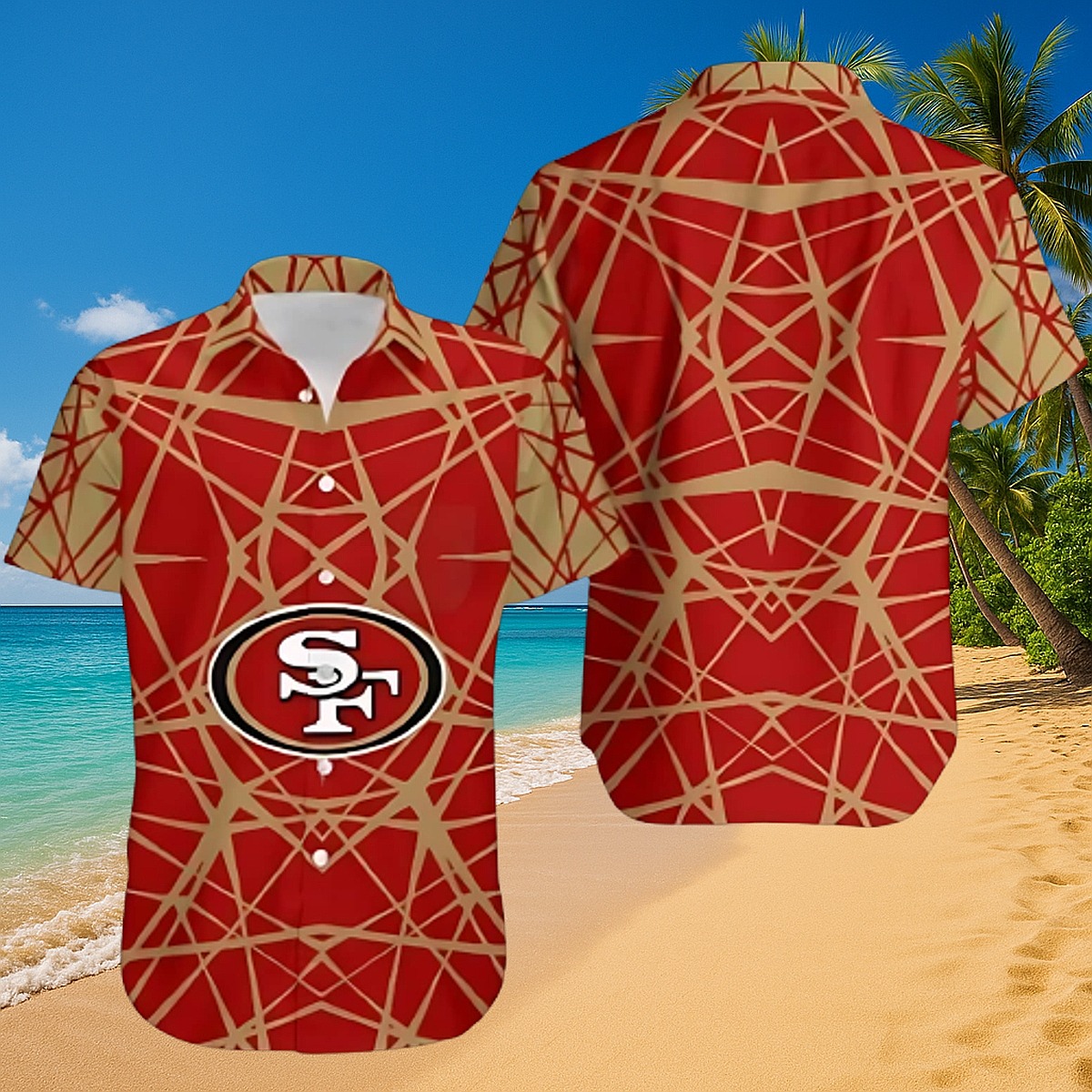 Men s San Francisco 49ers Hawaiian Shirt - Red Gold Geometric Grid Button-Down NFL Fan Apparel