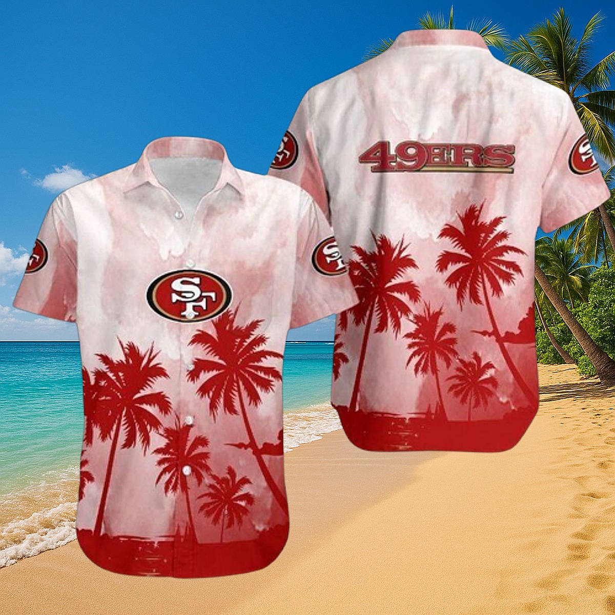 Men s San Francisco 49ers Hawaiian Shirt - Red Palm Tree Tropical Button-Down