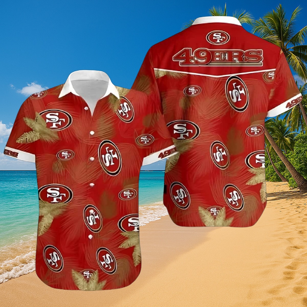 Men s San Francisco 49ers Hawaiian Shirt - Red Tropical Palm Frond Button-Down