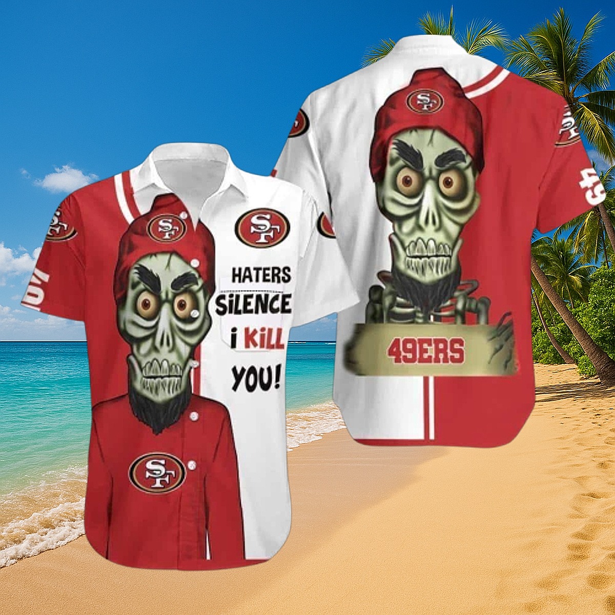Men s San Francisco 49ers Hawaiian Shirt with Achmed the Dead Terrorist Graphic - Haters Silence I Kill You Fan Button-Down