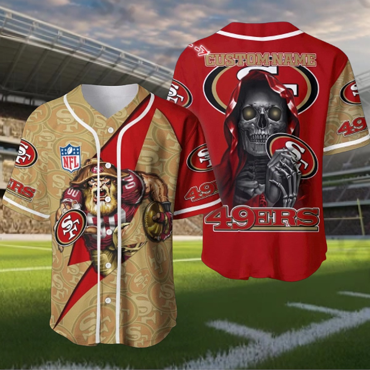 Men s San Francisco 49ers NFL Baseball Jersey - Gold Miner Grim Reaper Fan Gear Button-Down