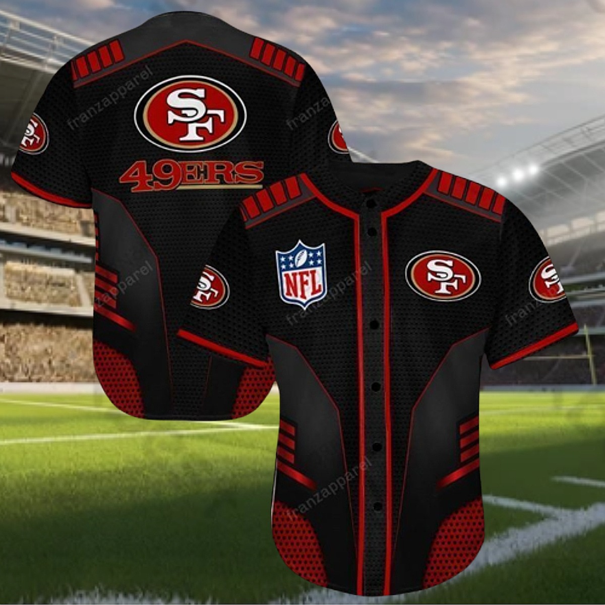 Men s San Francisco 49ers NFL Baseball Jersey Shirt - Black Red Gold Game Day Fan Apparel