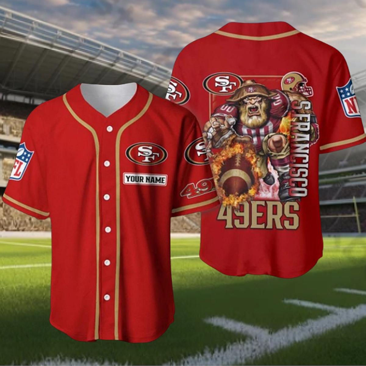 Men s San Francisco 49ers NFL Baseball Jersey Shirt - Red Gold Miner Mascot Fan Apparel with Custom Name Option