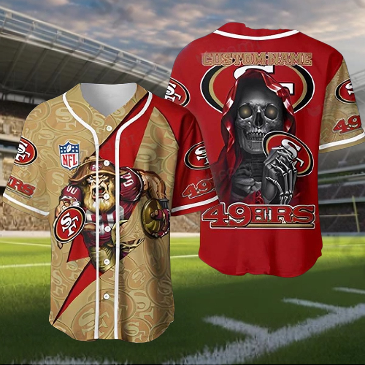 Men s San Francisco 49ers NFL Baseball Jersey - Gold Miner Grim Reaper Fan Gear Button-Down