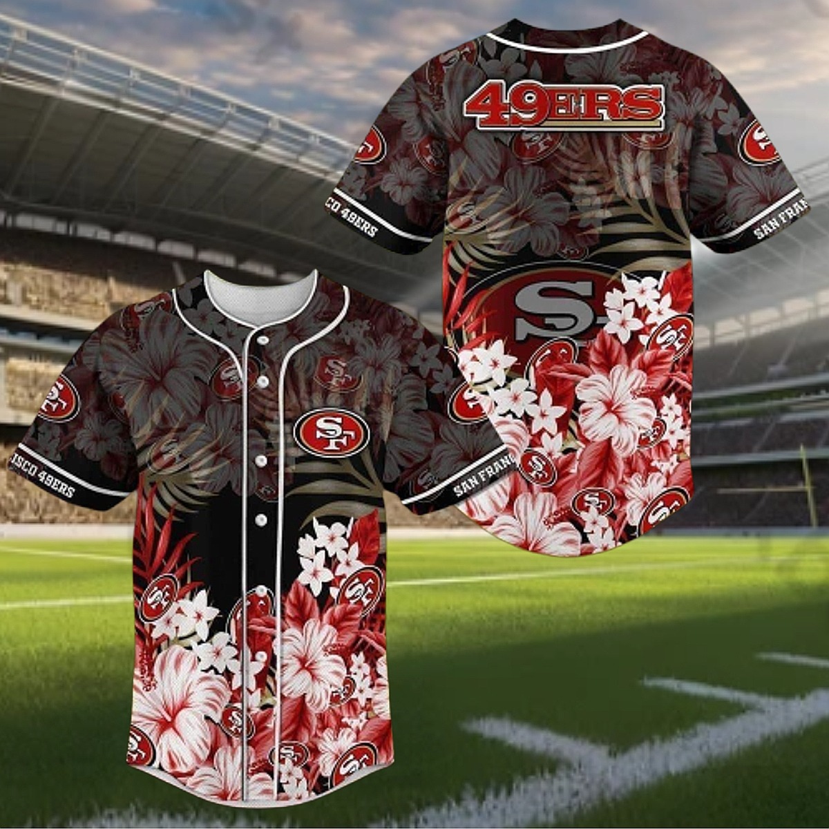 Men s San Francisco 49ers NFL Hawaiian Baseball Jersey - Tropical Floral Button-Down Shirt