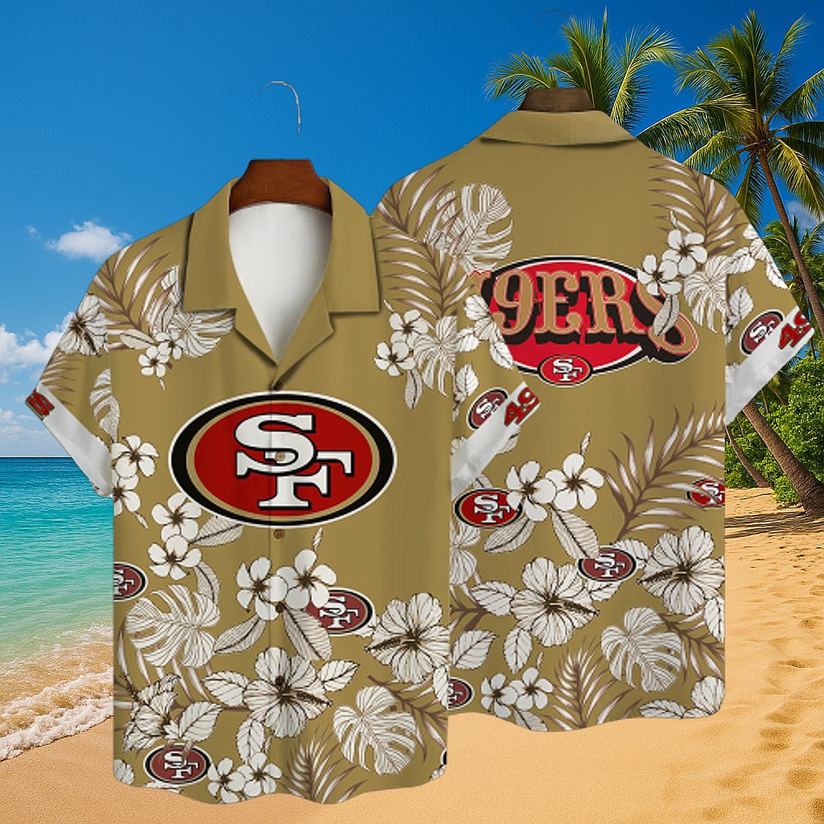 Men s San Francisco 49ers NFL Hawaiian Shirt - Gold Tropical Floral Button-Down
