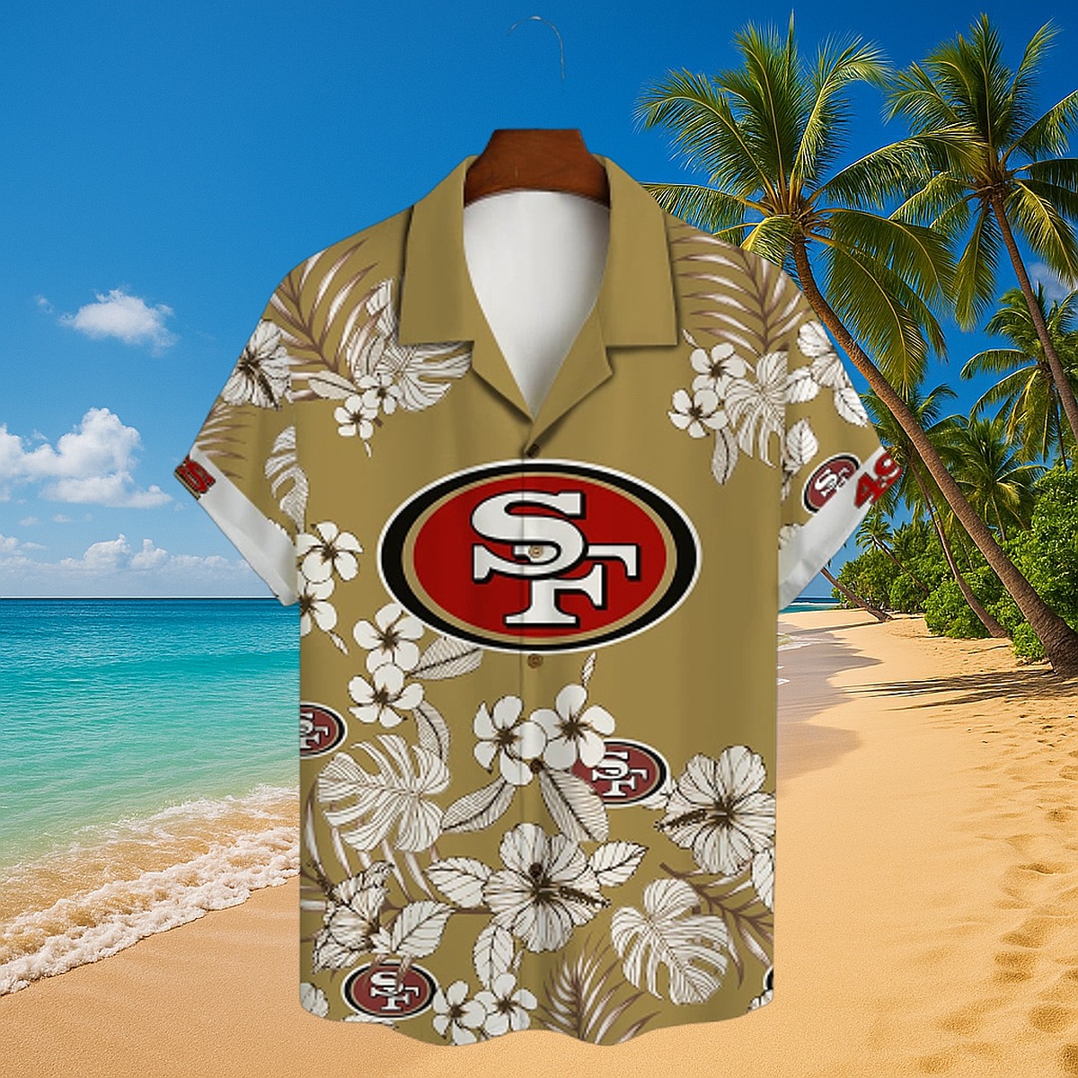 Men s San Francisco 49ers NFL Hawaiian Shirt - Gold Tropical Floral Button-Down