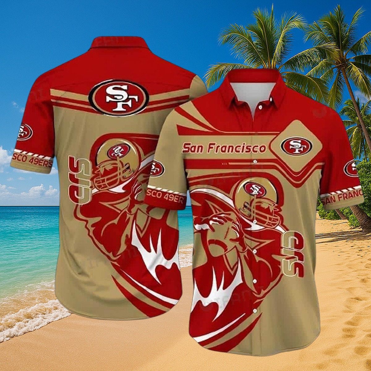 Men s San Francisco 49ers NFL Hawaiian Shirt - Red Gold Football Team Logo Button-Down