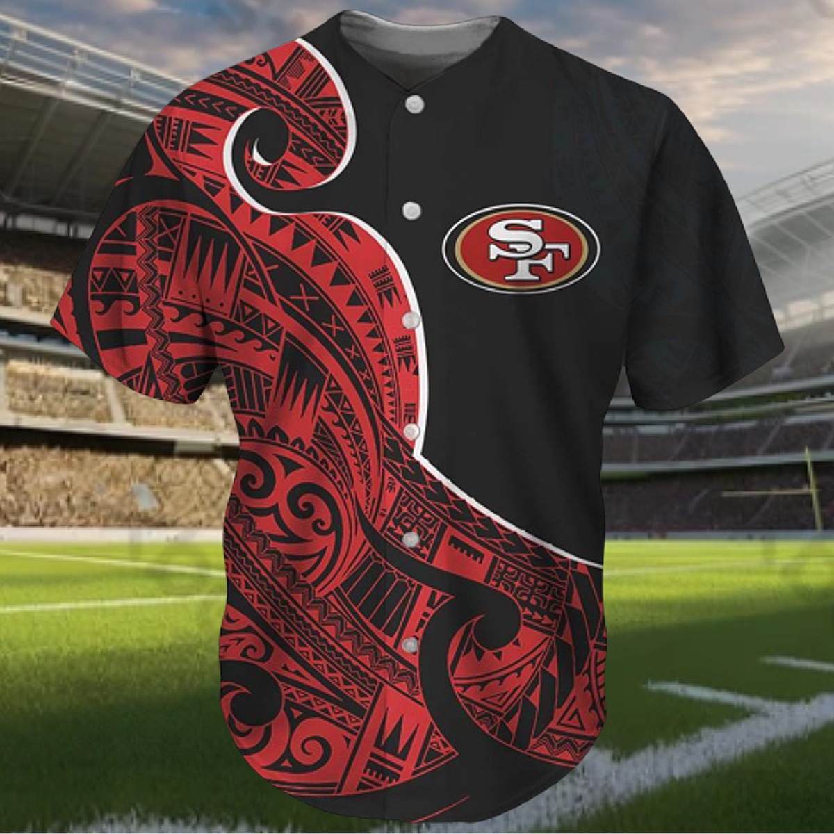 Men s San Francisco 49ers NFL Polynesian Tribal Print Baseball Jersey - Red Black Button-Down