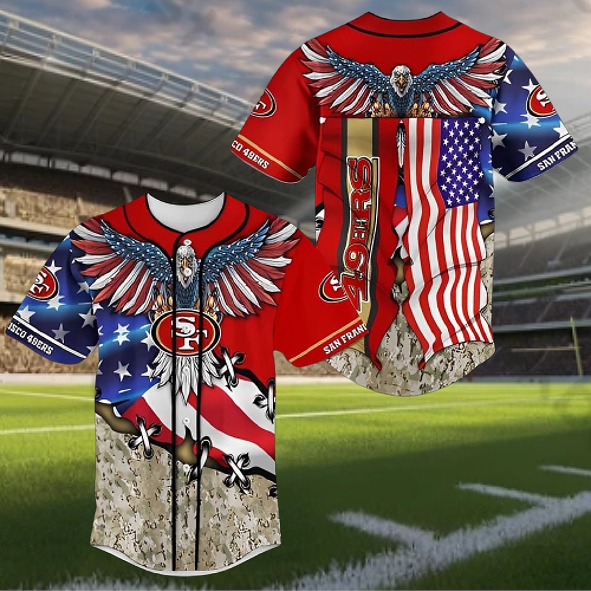 Men s San Francisco 49ers Patriotic Baseball Jersey with American Flag, Bald Eagle Camo Barbed Wire Design