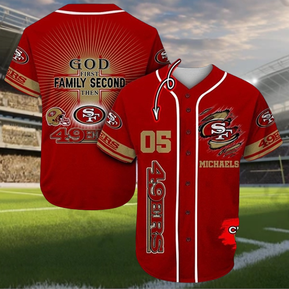 Men s San Francisco 49ers Red Baseball Jersey - God First Family Second Personalized Fan Shirt