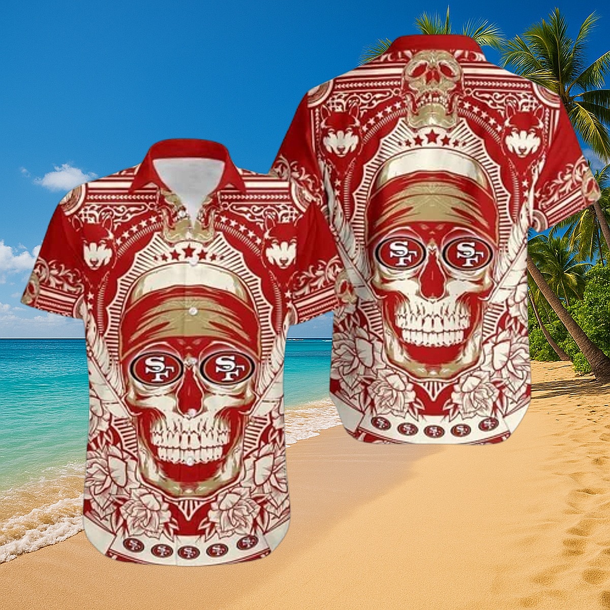 Men s San Francisco 49ers Skull Hawaiian Shirt - Vintage Red Team Logo Button-Down