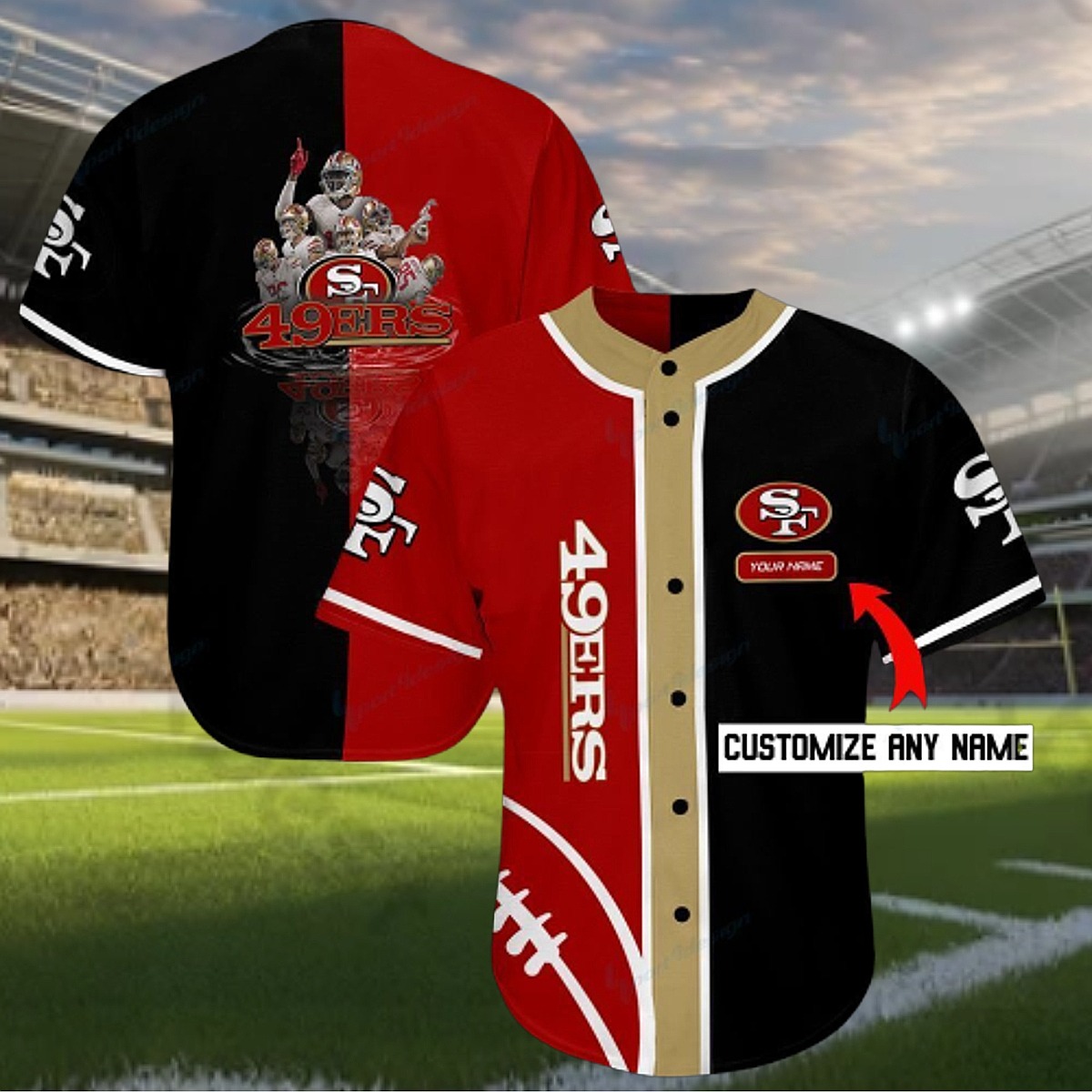 Men s San Francisco 49ers Split Red Black Baseball Jersey - Custom Name NFL Football Fan Button-Down Shirt