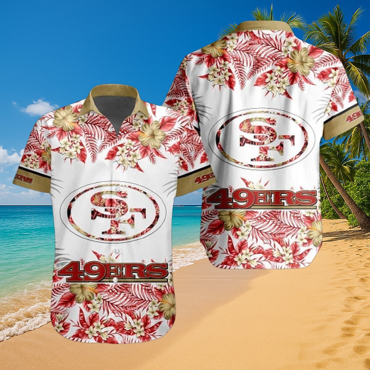 Men s San Francisco 49ers Tropical Floral Hawaiian Shirt - Red Cream Team Logo Button-Down