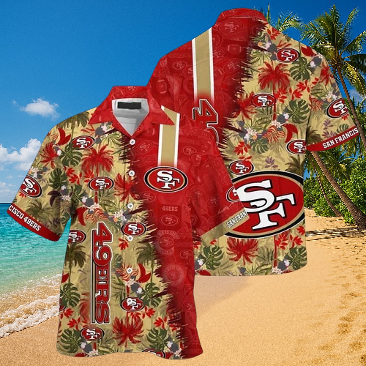 Men s San Francisco 49ers Tropical Floral Split Hawaiian Button-Down Shirt