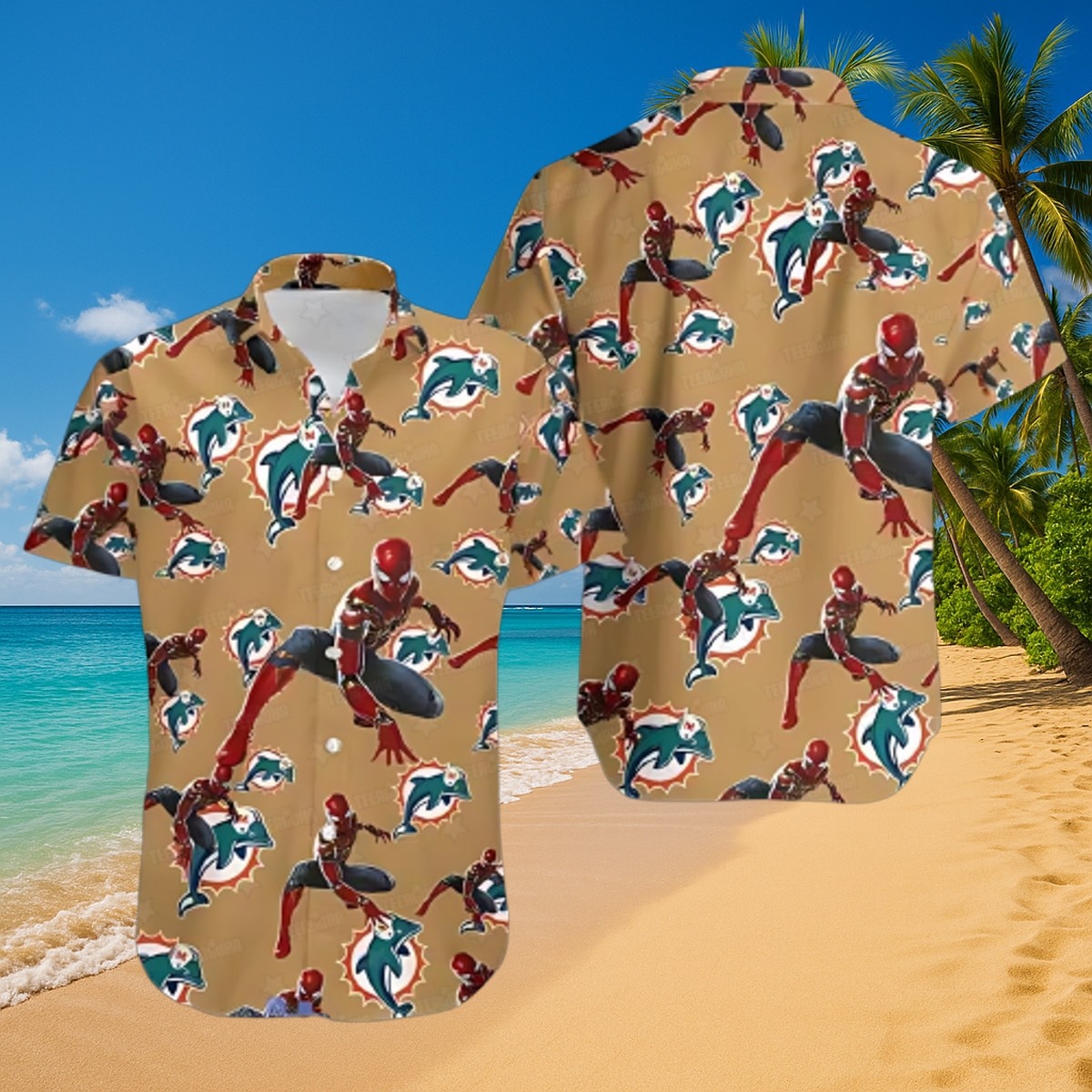 Men s Tropical Hawaiian Shirt with Spider-Man Iron Spider Suit and Miami Dolphins Logo Pattern Casual Button-Down