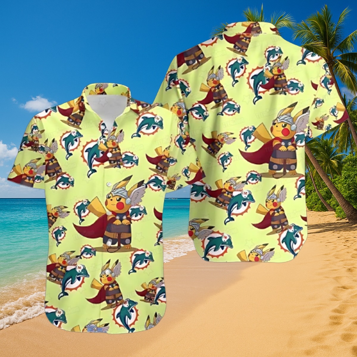 Men s Unisex Hawaiian Shirt Short Sleeve Button Down with Pikachu as Thor and Miami Dolphins Print Tropical Summer Beach Casual