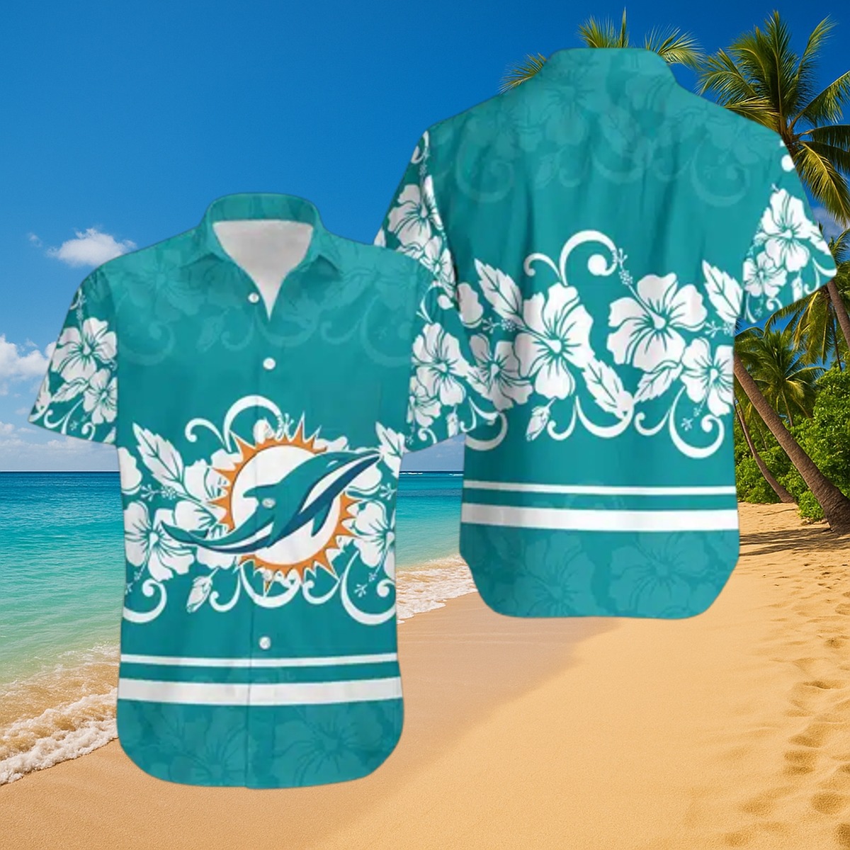 Men s Unisex Miami Dolphins Hawaiian Shirt - Teal Tropical Hibiscus Floral Print Casual Button-Down