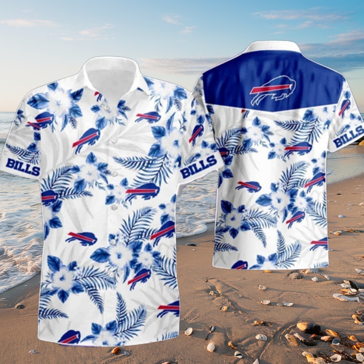 Men s White Hawaiian Shirt with Blue Tropical Floral Print and Buffalo Bills Logo - Casual Summer Button-Down