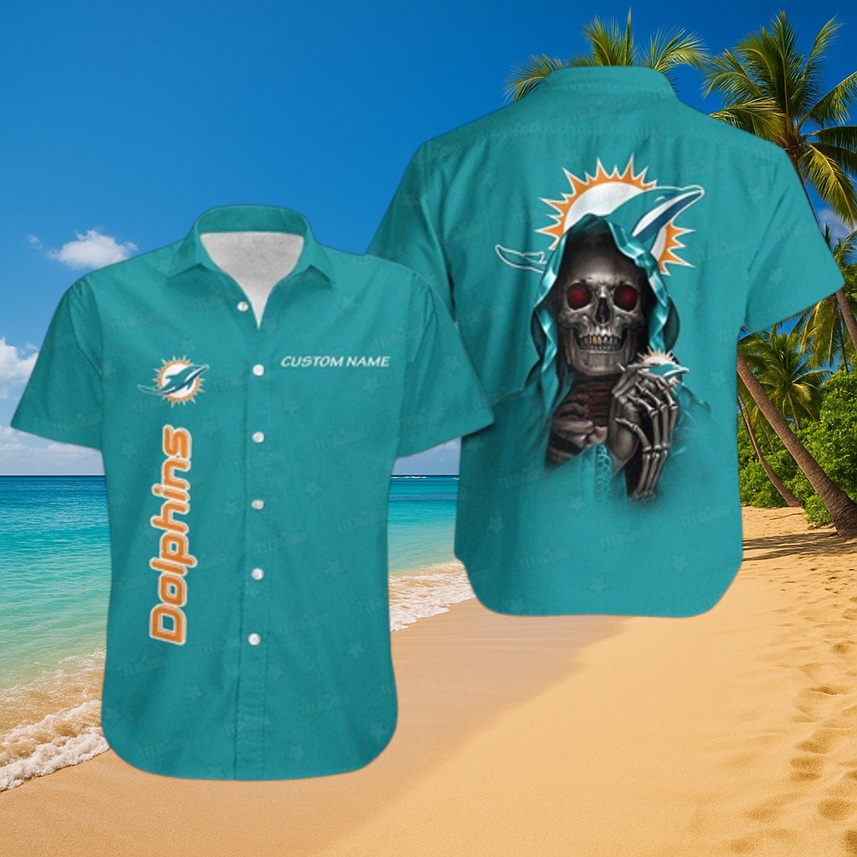 Miami Dolphins Grim Reaper Skull Graphic Hawaiian Shirt - Casual Button-Down