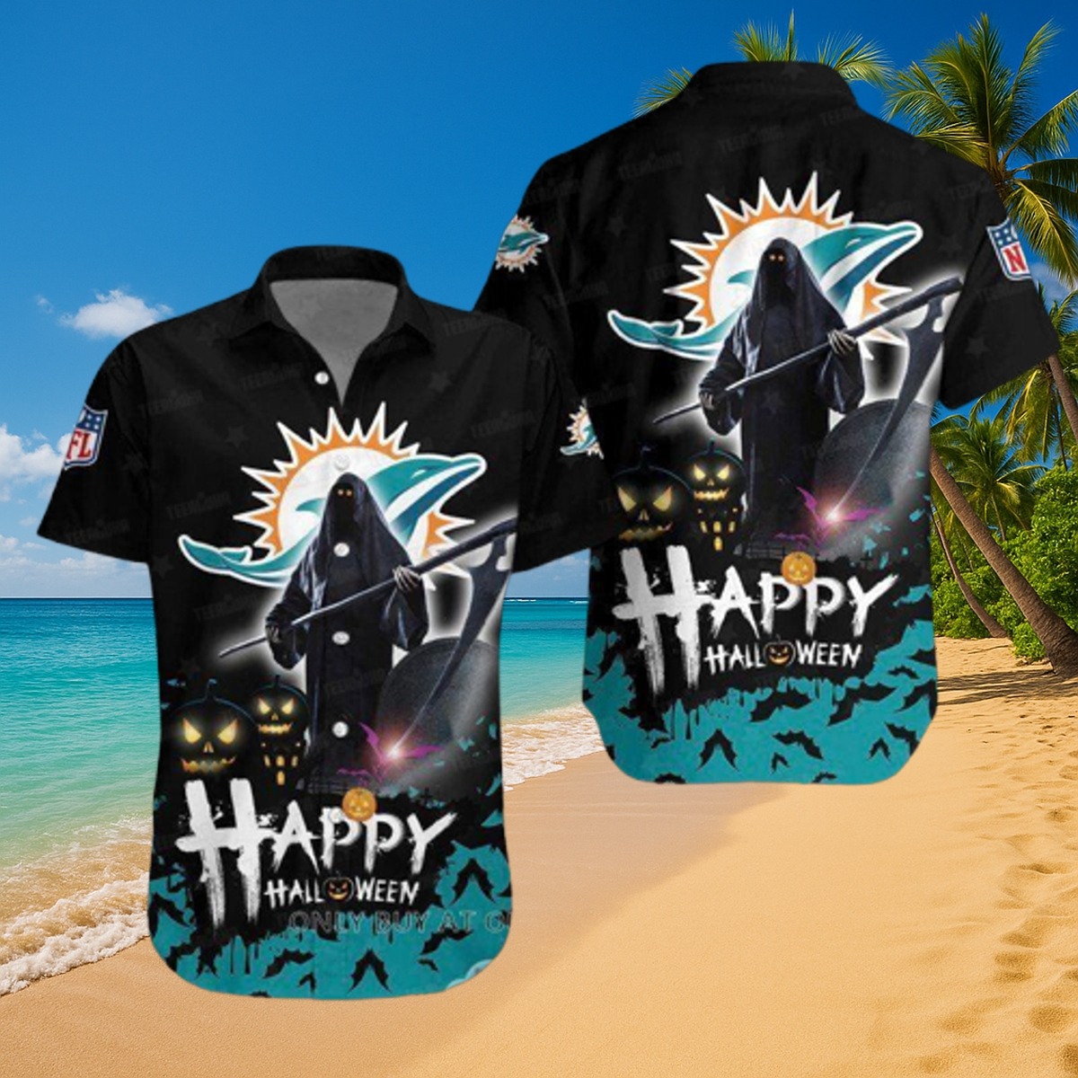 Miami Dolphins Halloween Grim Reaper Aloha Shirt with Spooky Pumpkins and Bats - Unisex Button-Down