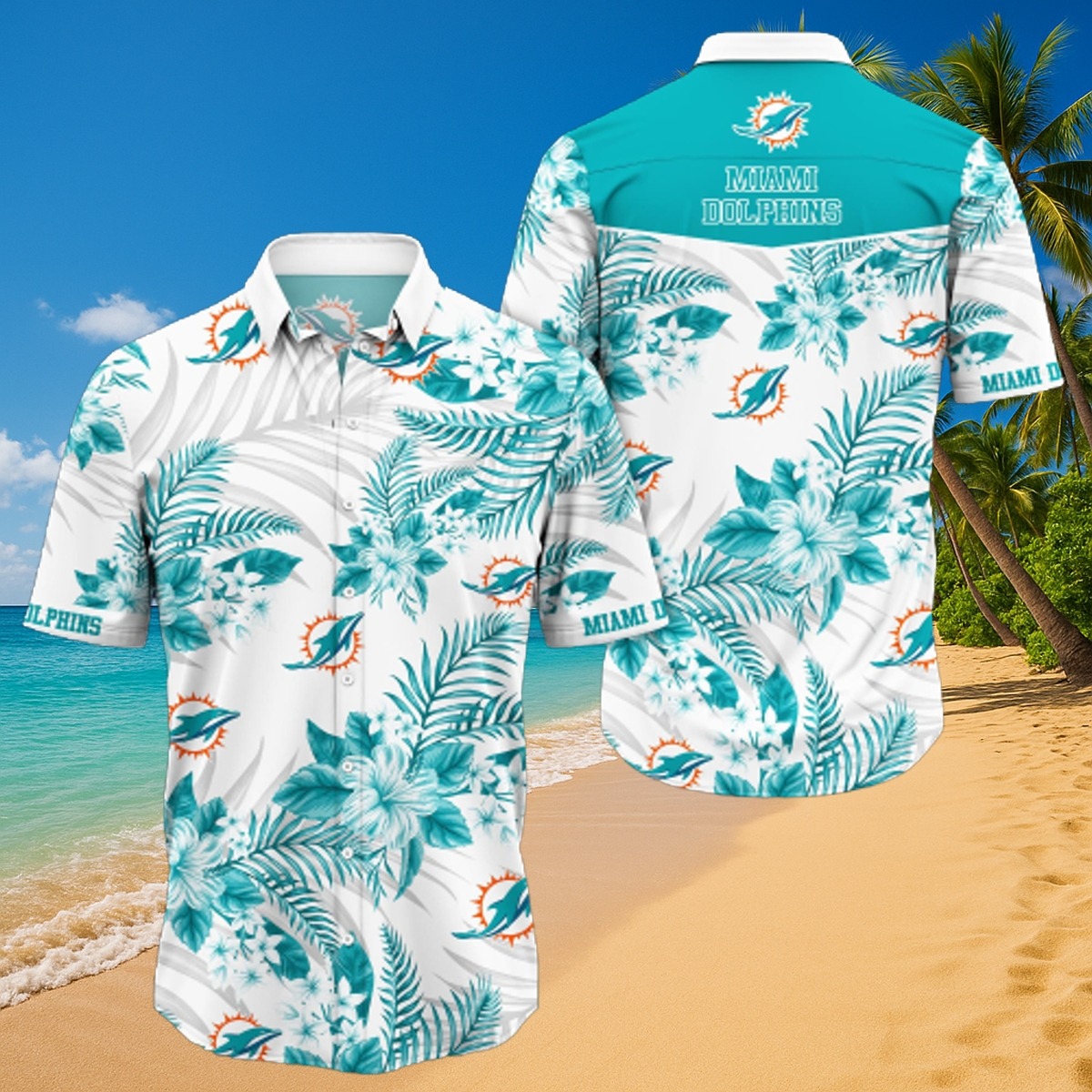 Miami Dolphins Tropical Floral Hawaiian Shirt White Teal Unisex Button-Down