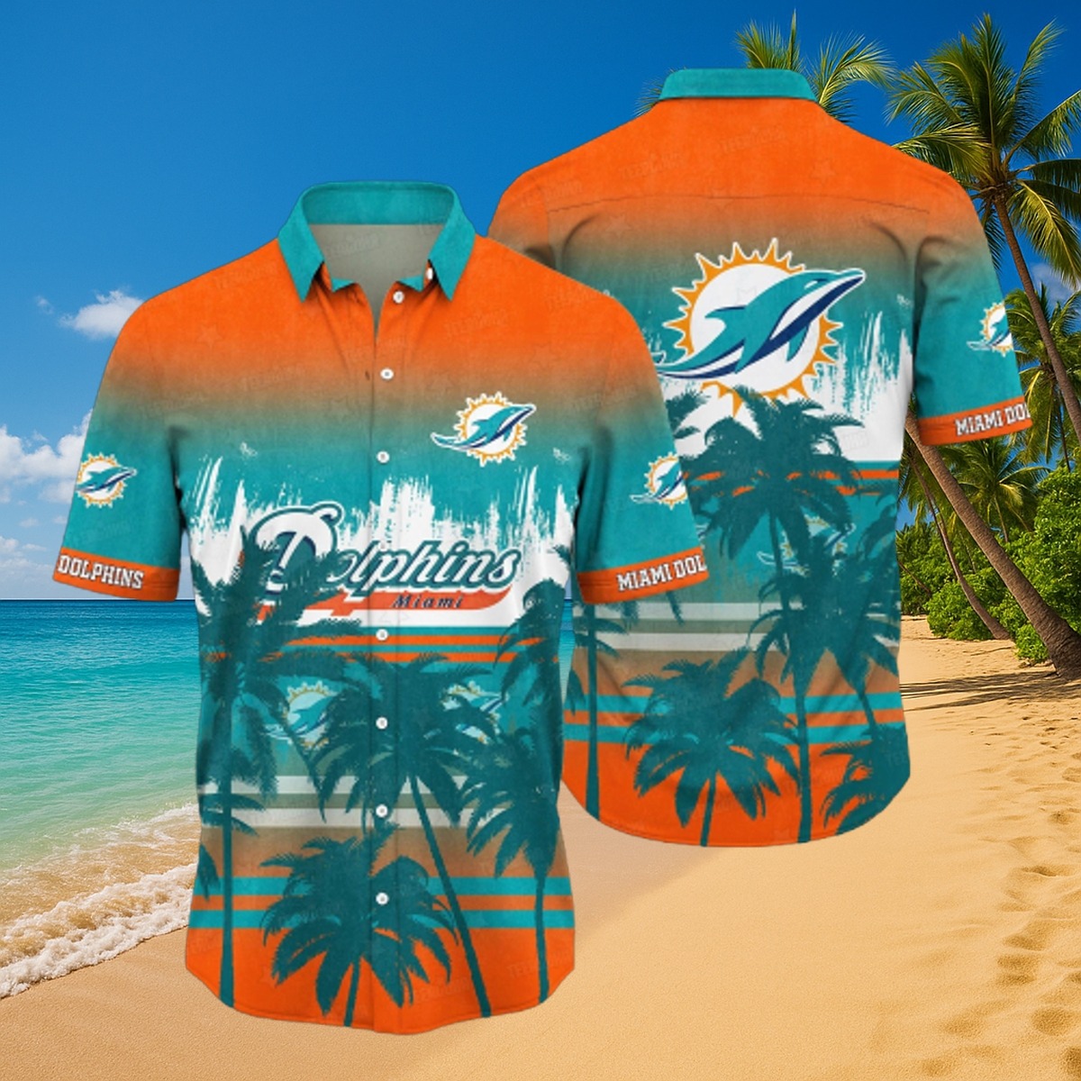 Miami Dolphins Tropical Hawaiian Shirt - Unisex Beach Palm Tree Print Orange Teal Button-Down